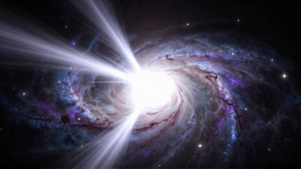 Un brillante cuásar en el centro de una galaxia espiral emite potentes chorros de plasma azulado.