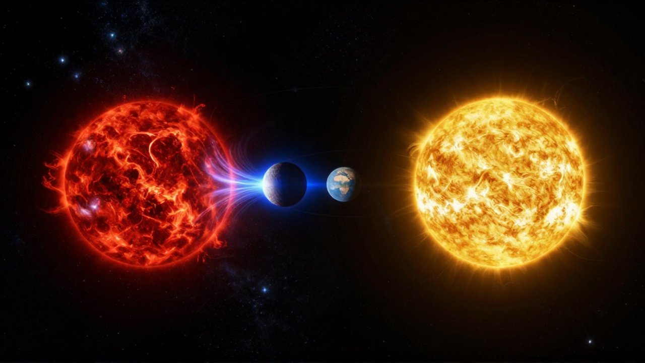 Comparativa entre una enérgica enana roja con llamaradas hacia un exoplaneta y un sol amarillo estable sobre una Tierra distante.