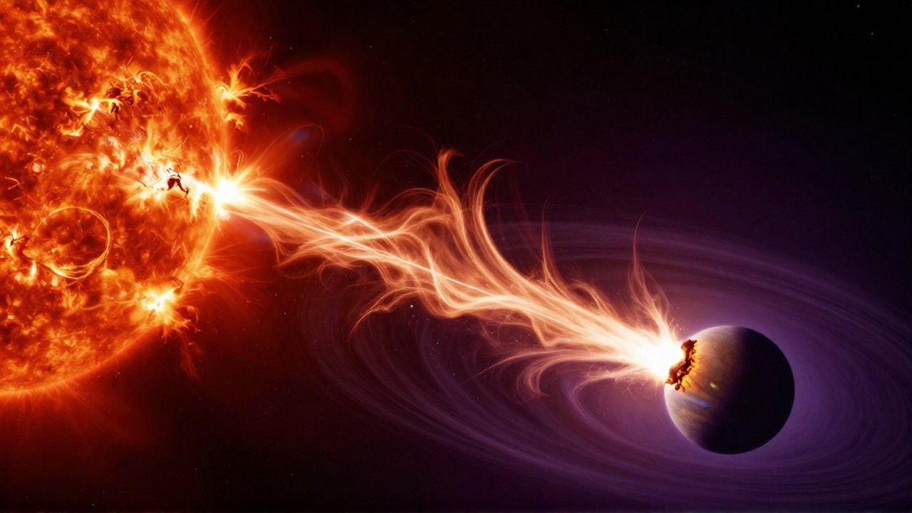 Una intensa llamarada solar de una enana roja impacta y erosiona la atmósfera de un exoplaneta rocoso.