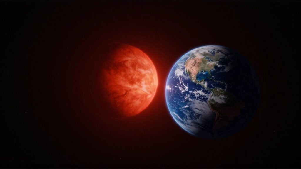 Una estrella enana roja ilumina intensamente un exoplaneta con océanos y nubes en el espacio profundo.
