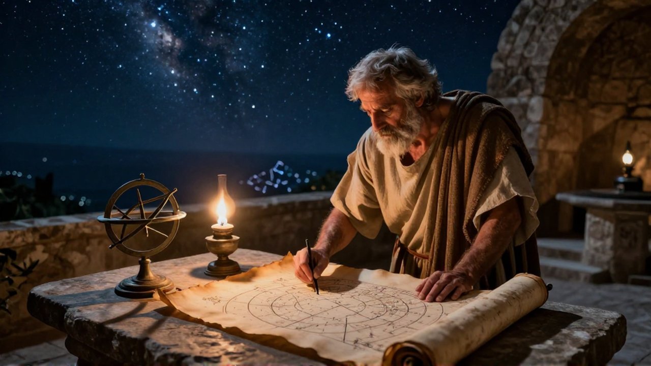 Un estudioso con túnicas de lino dibuja constelaciones en un pergamino bajo un cielo estrellado.