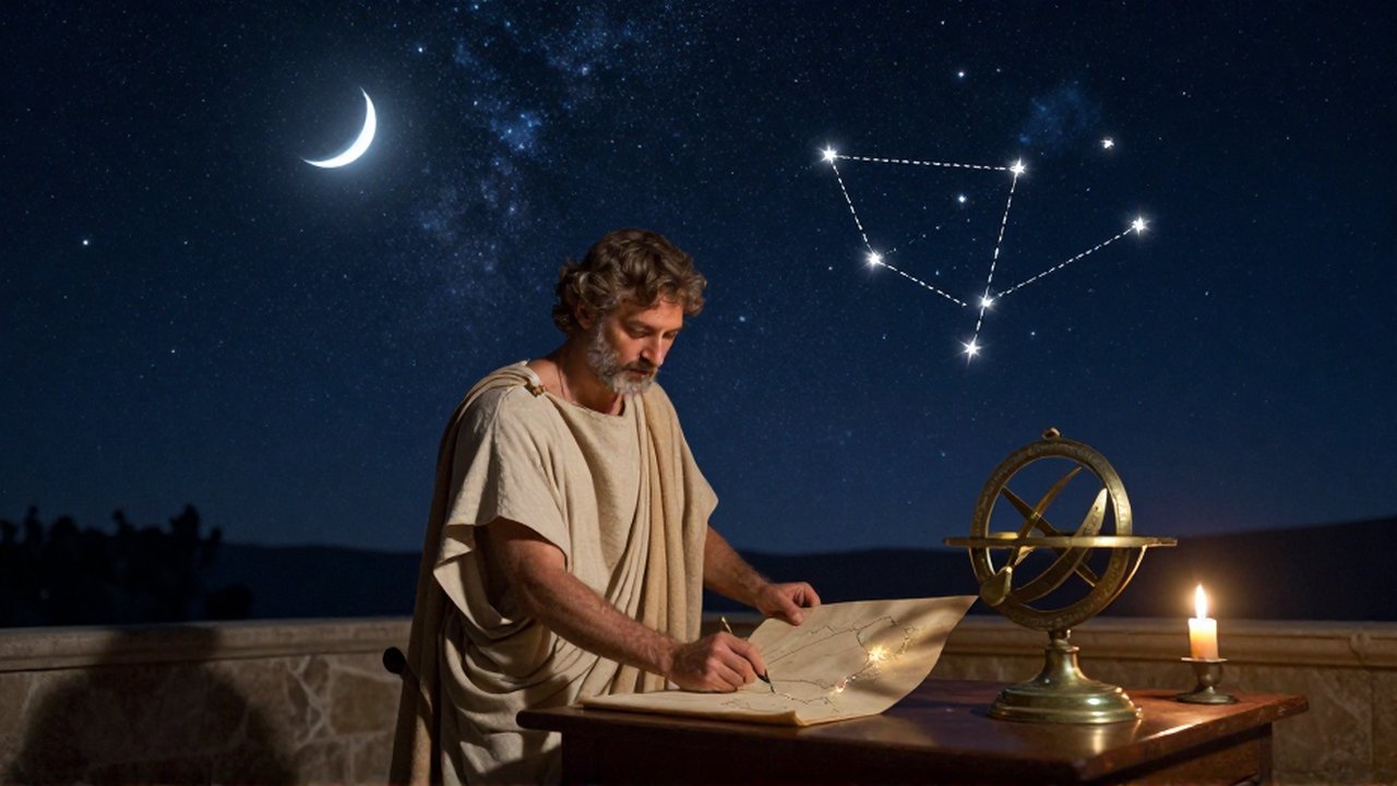 Astrónomo con túnicas de lino dibujando la constelación de Orión en un pergamino bajo un cielo estrellado.