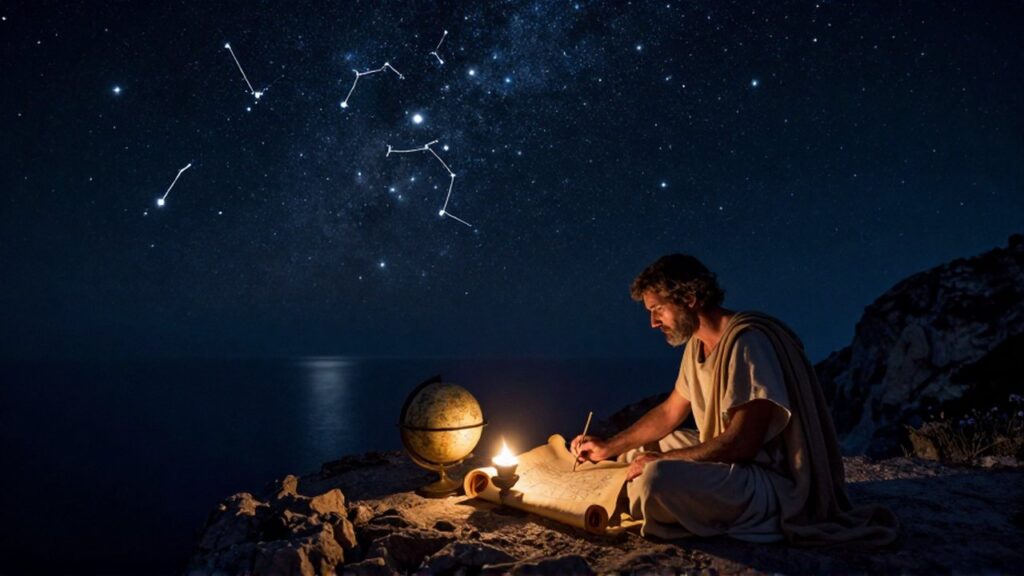 Astrónomo antiguo estudia las constelaciones en un pergamino sobre un acantilado bajo un cielo estrellado.