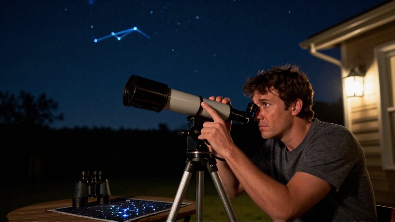 Un astrónomo frustrado consulta un mapa estelar junto a su telescopio bajo un cielo nocturno estrellado.