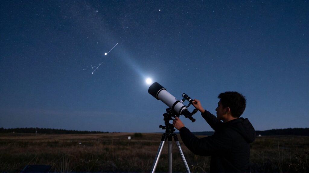Manos ajustando un telescopio moderno bajo un cielo nocturno estrellado con el brillo de Venus.