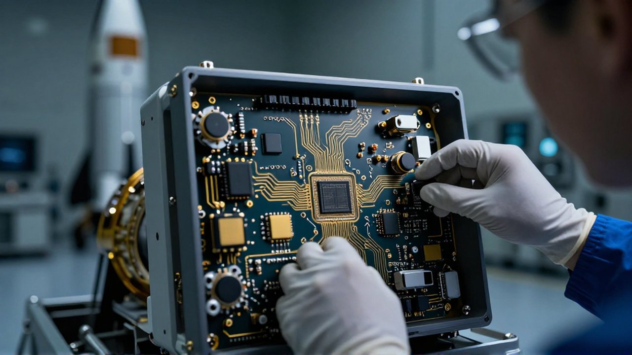 Un técnico con guantes inspecciona de cerca los circuitos dorados de una computadora de vuelo en un laboratorio aeroespacial.