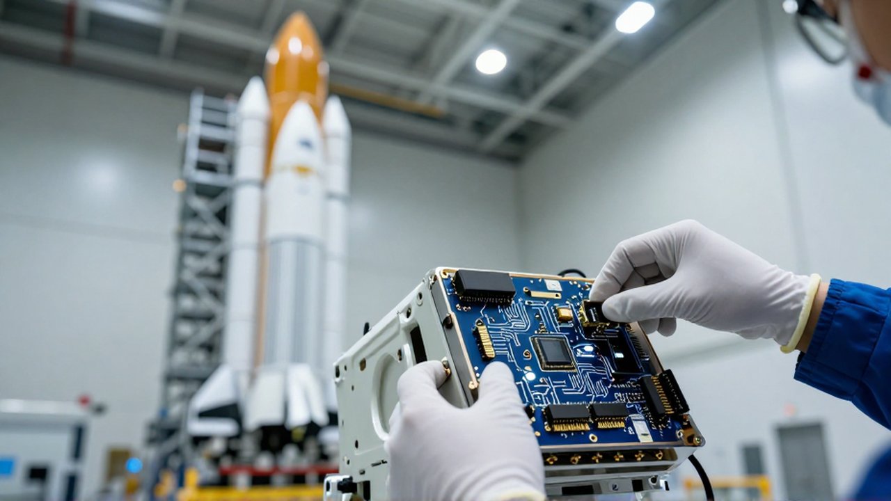Un técnico instala con precisión una unidad de control aviónica en el fuselaje de un cohete.