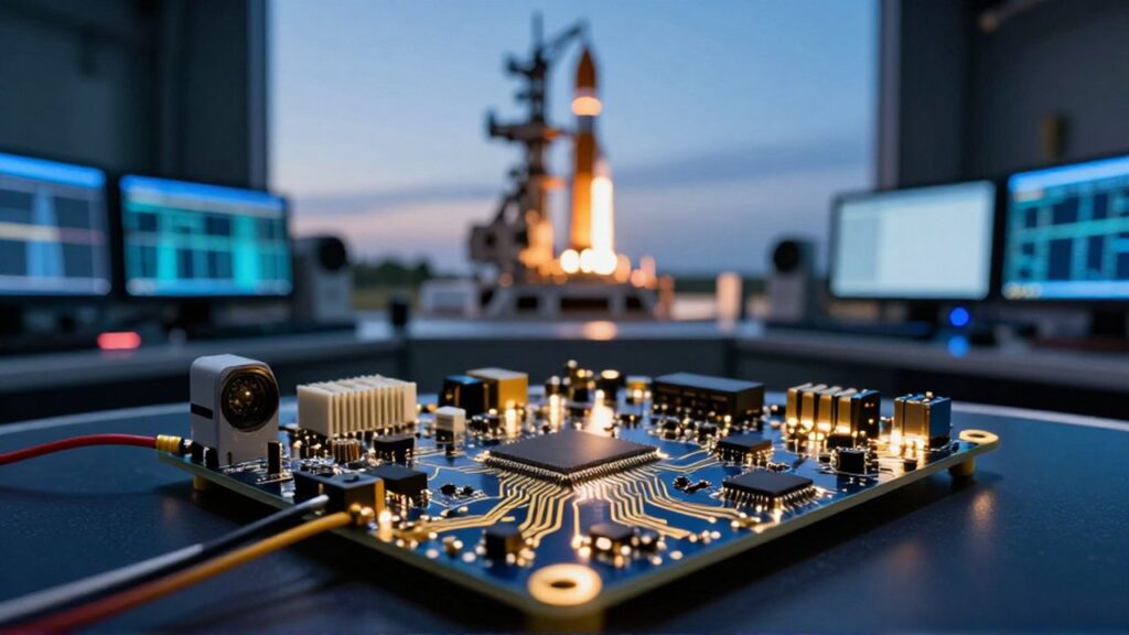 Primer plano de una placa de circuitos de aviónica con un cohete al fondo durante el atardecer.