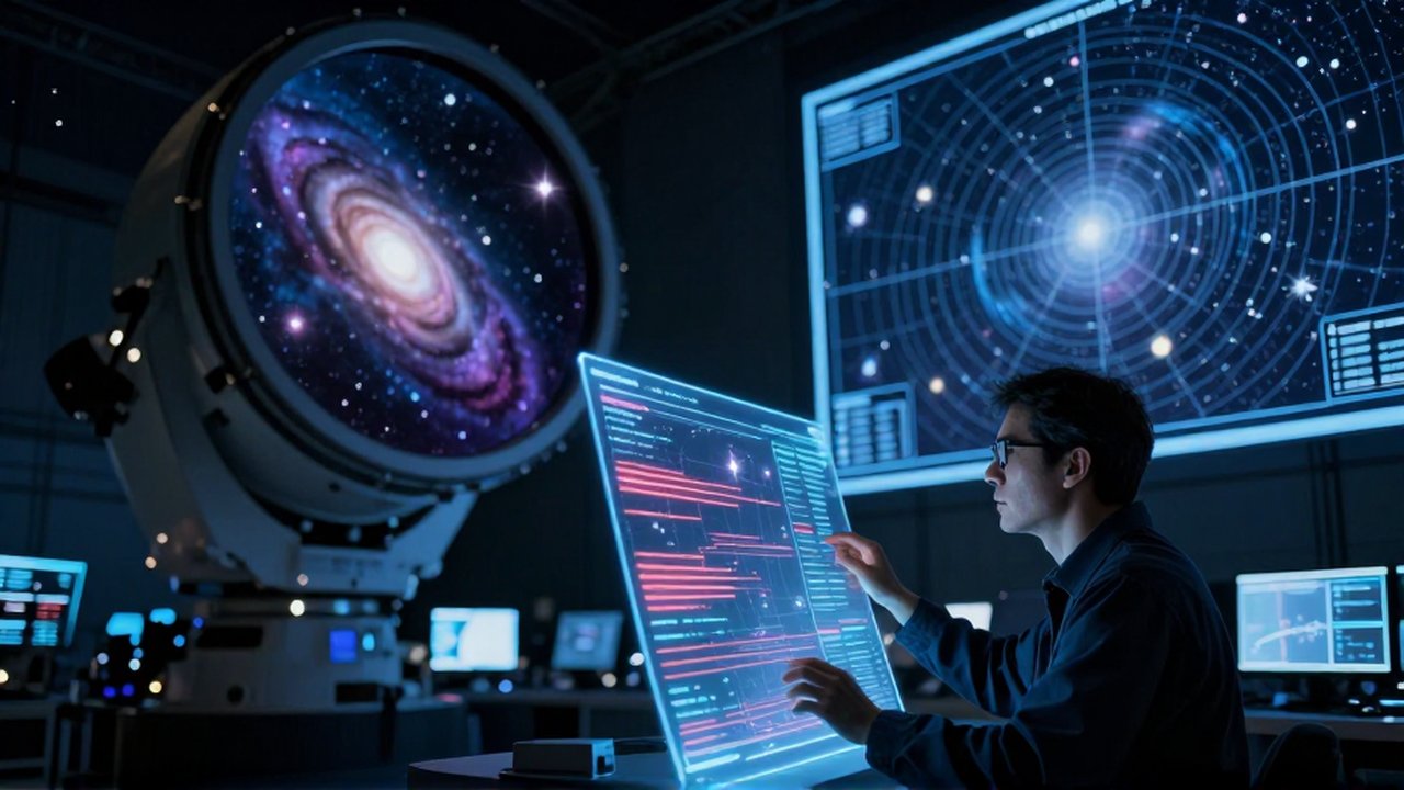 Astrofísico analizando datos holográficos de cuásares frente a un gran telescopio y un fondo de galaxias.