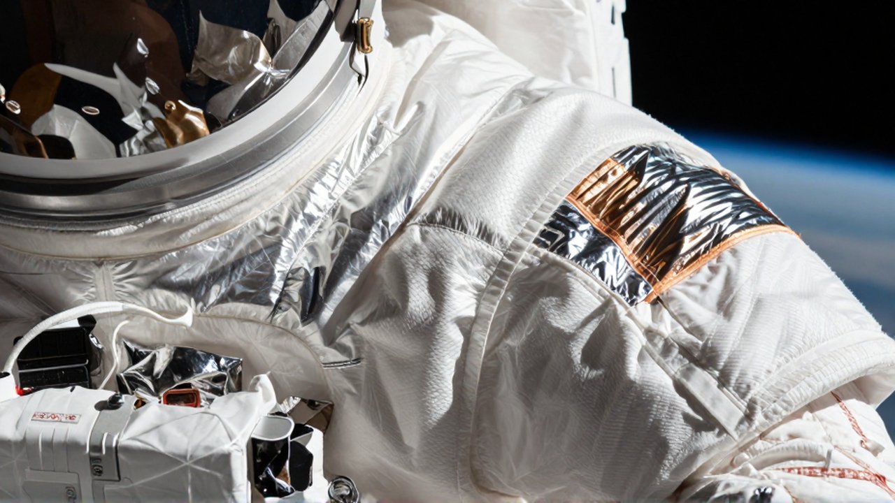 Primer plano de una mano con guante tocando la textura metálica y protectora de un traje espacial.