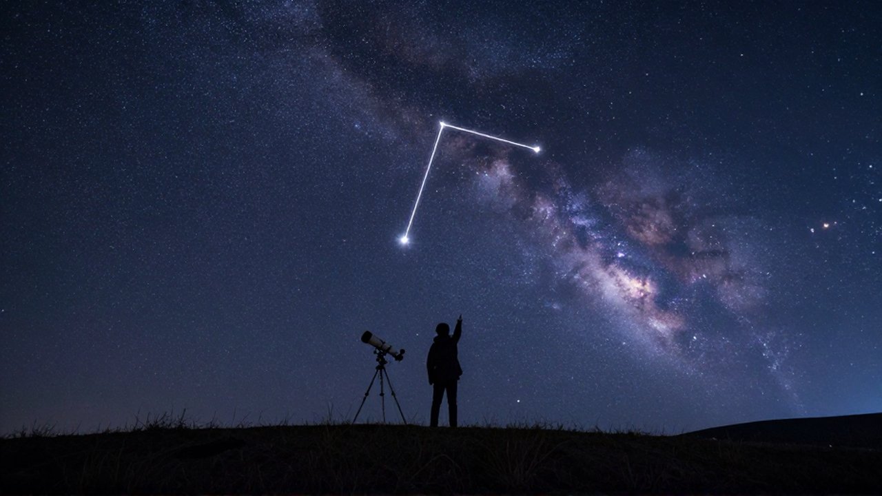 Astrónomo de espaldas señalando la constelación de Casiopea bajo un cielo estrellado con un telescopio.