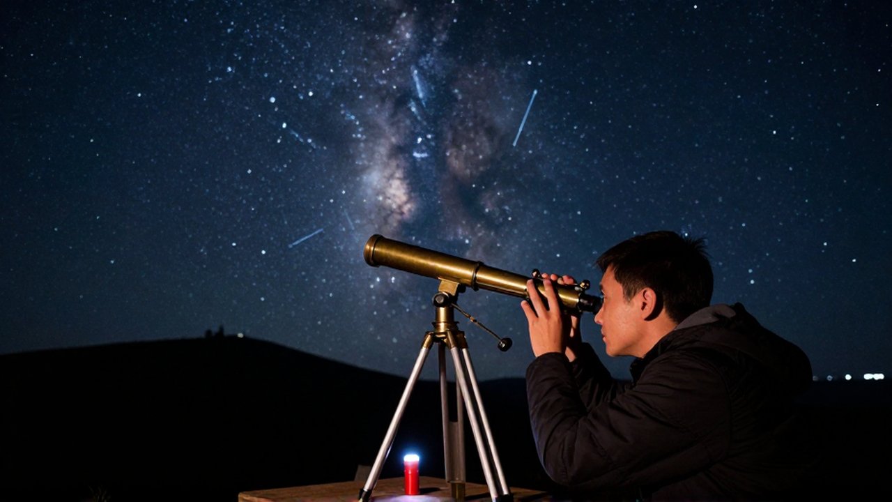 Astrónomo observando las estrellas con un telescopio de latón bajo un cielo nocturno despejado.