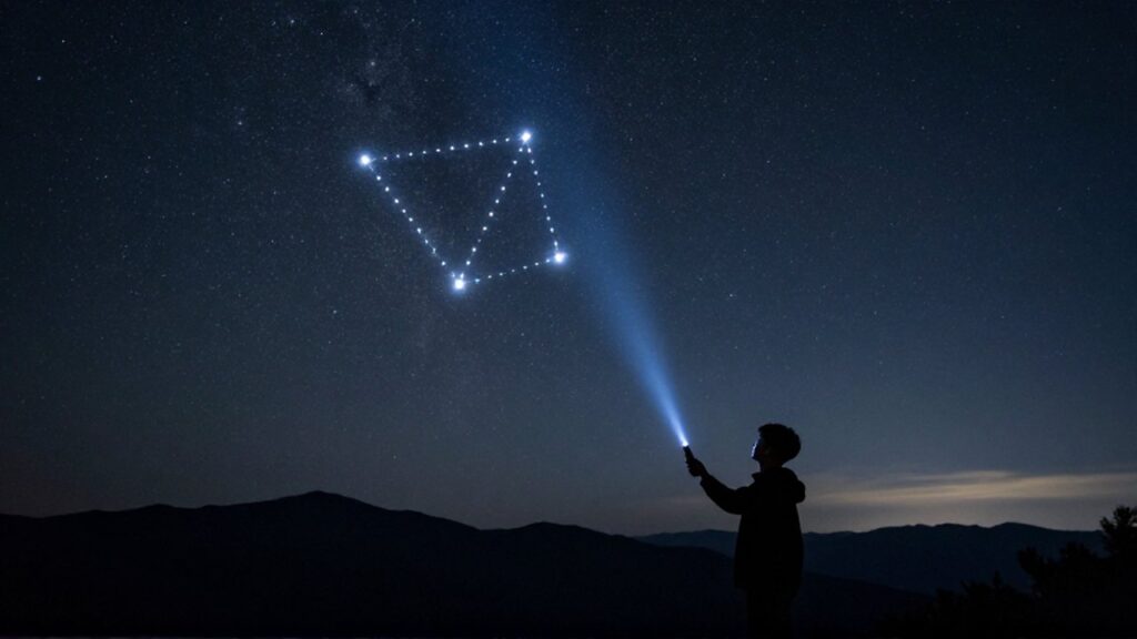 Perfil de un joven astrónomo señalando la constelación de Casiopea con un láser bajo un cielo estrellado.