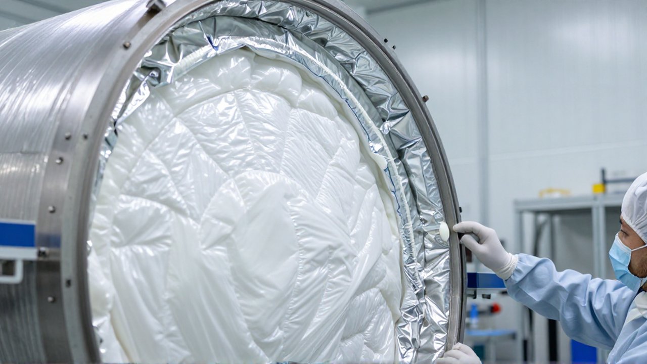 Un técnico aplica capas de aislamiento térmico y manguitos de aerogel sobre la pared metálica de un tanque criogénico.
