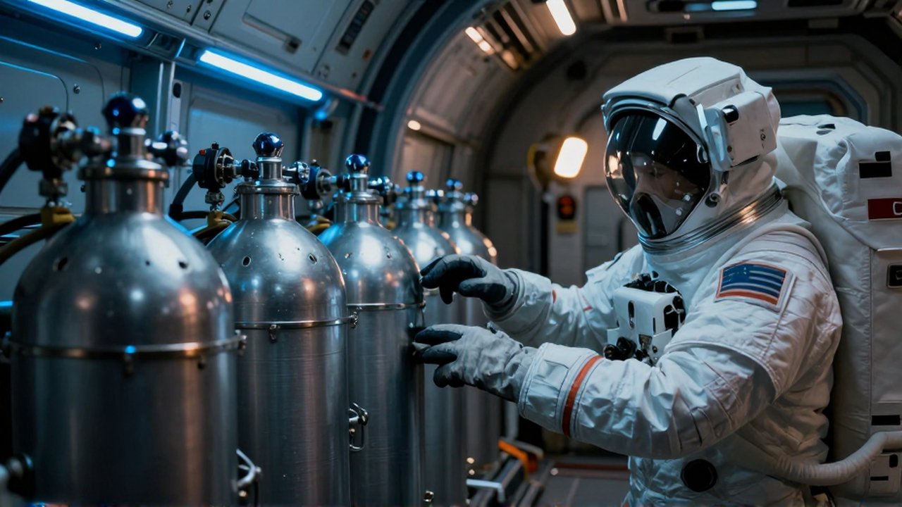 Un astronauta inspecciona unos tanques metálicos de oxígeno en el compartimento de carga de una nave espacial.