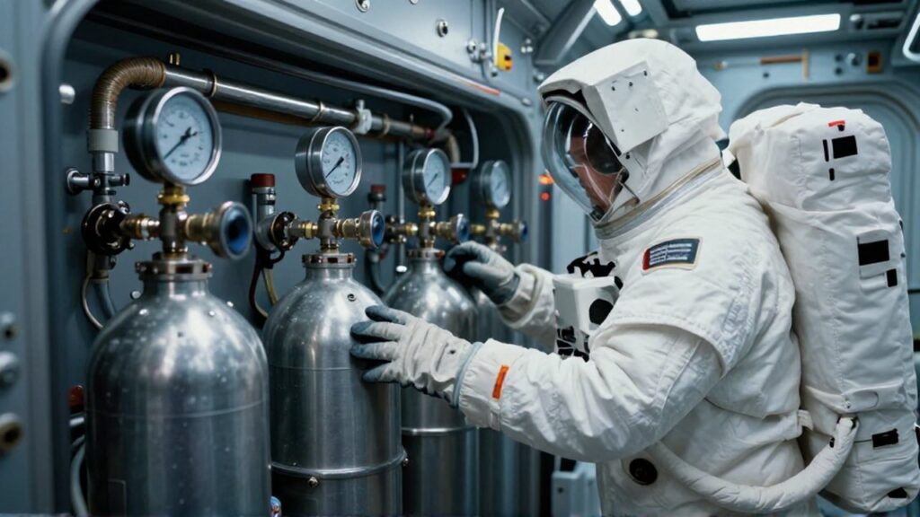 Un astronauta revisa con guantes los manómetros y válvulas de unos tanques de oxígeno en una nave.