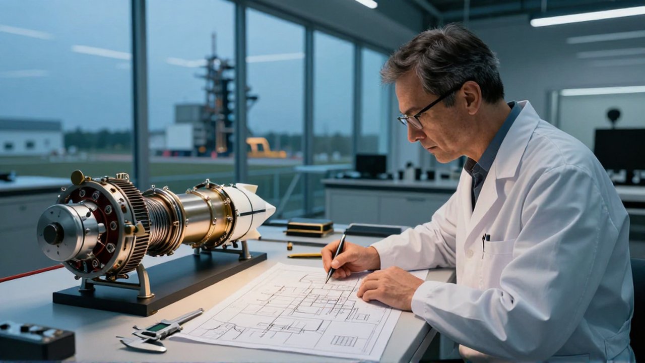 Ingeniero aeroespacial analiza los planos y una maqueta de un motor de cohete en un laboratorio tecnológico.