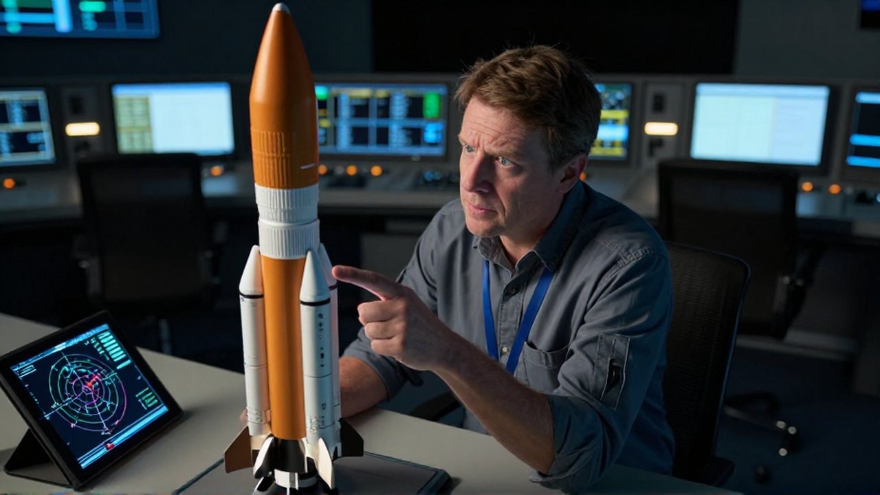Ingeniero aeroespacial analiza con gesto de duda una maqueta de cohete en un centro de control.