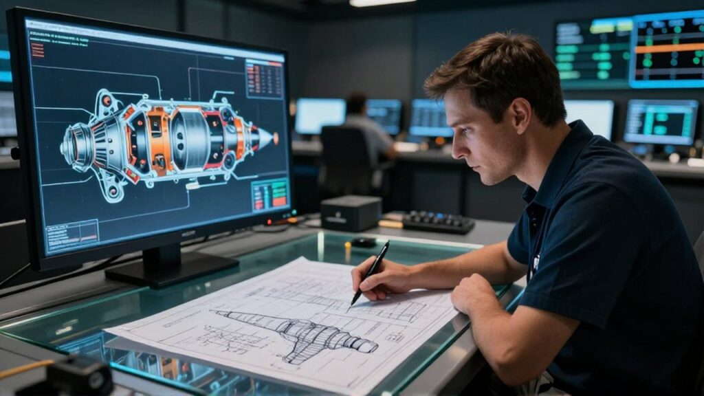 Ingeniero aeroespacial analiza planos de un cohete y una proyección holográfica de un motor en una sala de control.