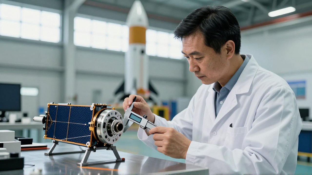 Ingeniero aeroespacial inspeccionando con precisión un componente de satélite de fibra de carbono en un laboratorio.