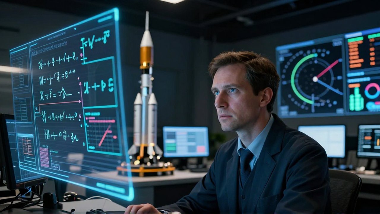 Ingeniero aeroespacial analiza con preocupación ecuaciones holográficas y errores en datos de telemetría dentro de un centro de control.