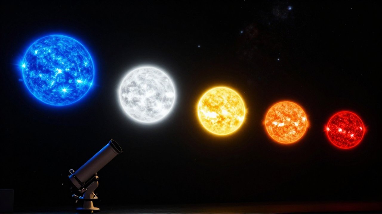 Cinco estrellas de diferentes colores, desde azul hasta rojo, alineadas sobre el fondo del cosmos.