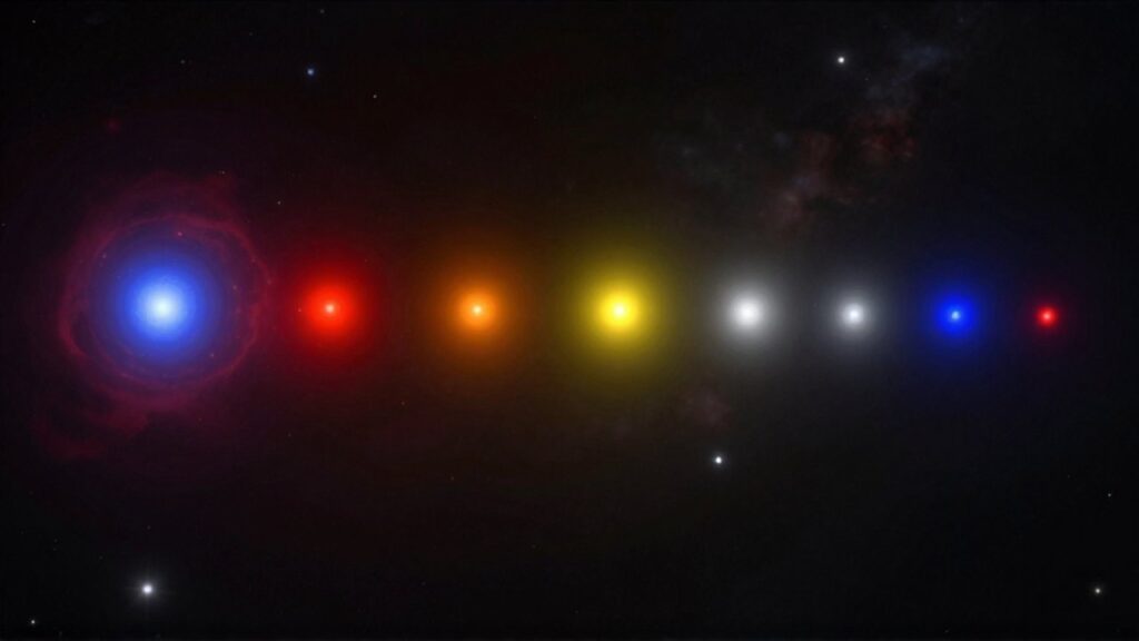 Secuencia de estrellas de distintos colores y temperaturas dispuestas linealmente sobre el fondo oscuro del espacio.