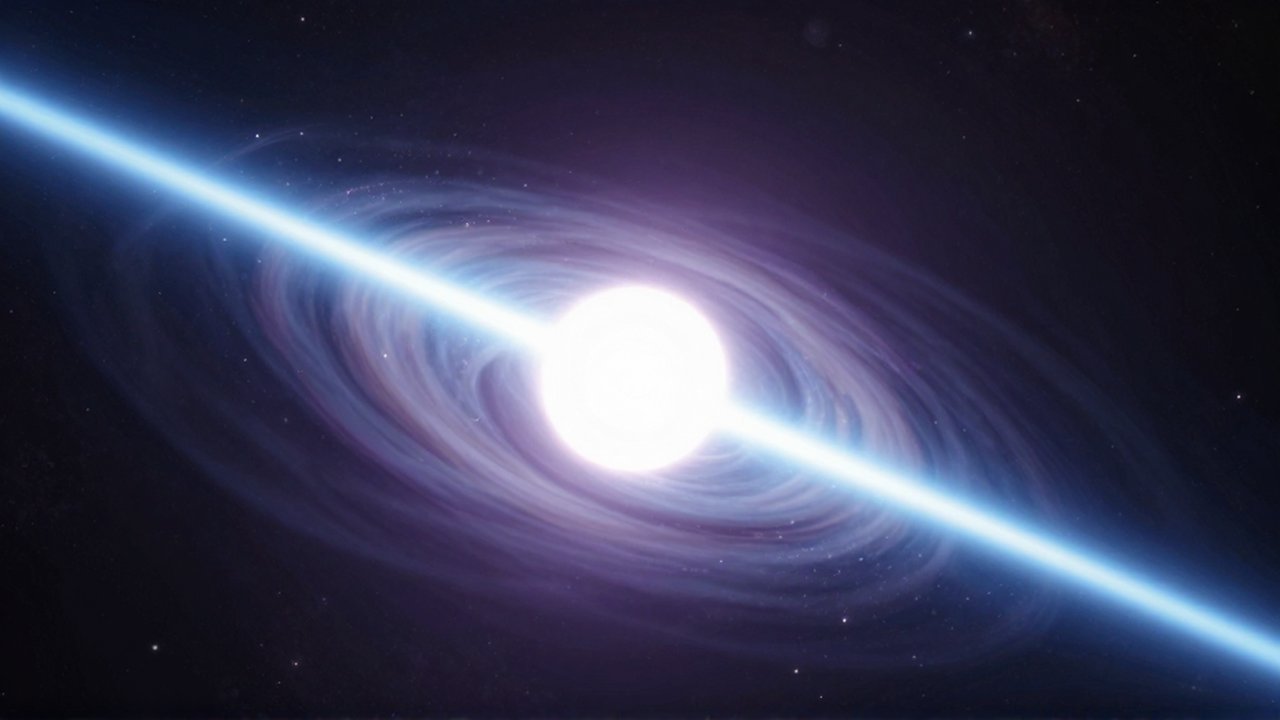 Púlsar girando velozmente con potentes haces de luz azul y blanca atravesando el espacio profundo.