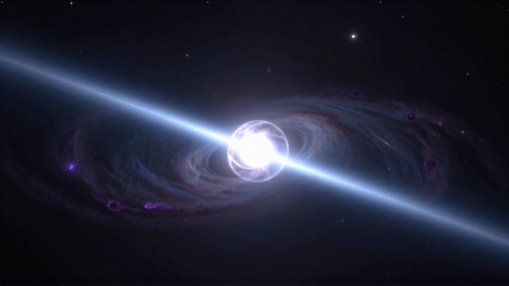 Púlsar girando en el espacio profundo con dos intensos haces de luz saliendo de sus polos.