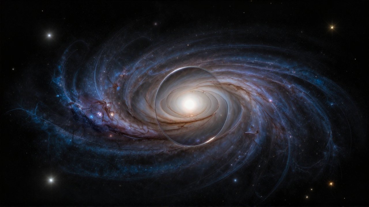 Un cúmulo de galaxias distorsiona la luz de objetos lejanos creando arcos luminosos en el espacio profundo.