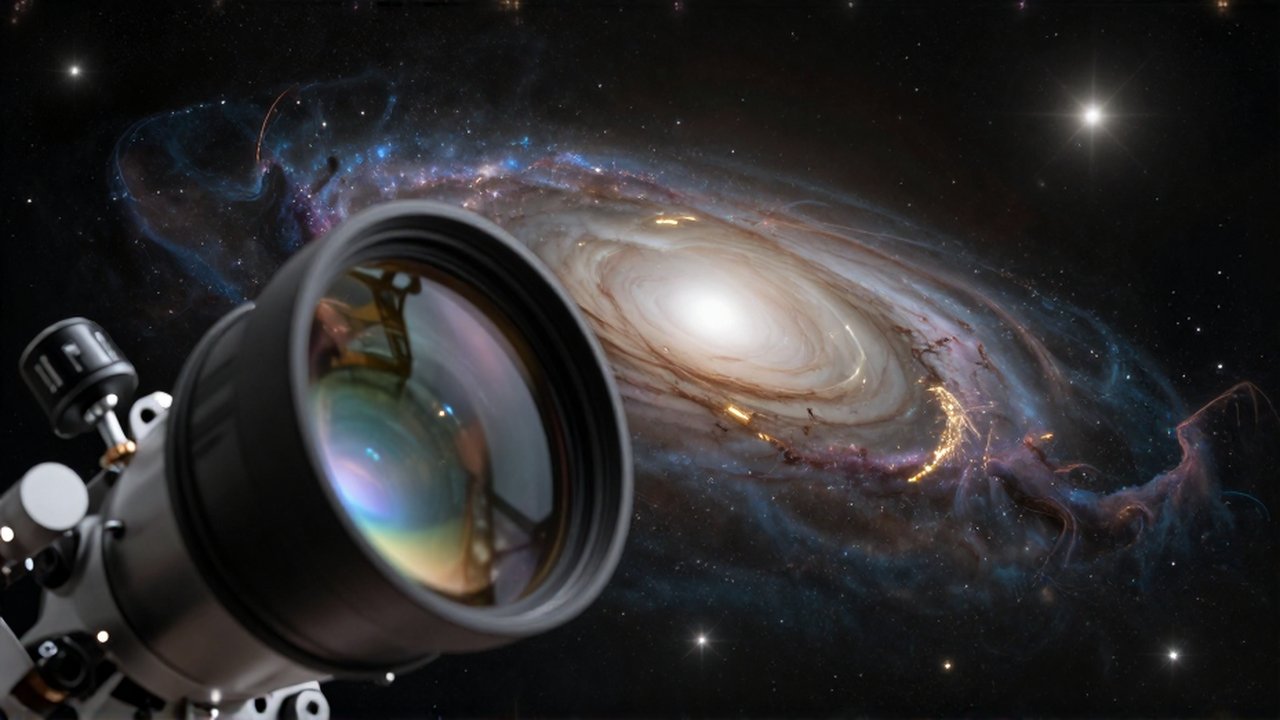 Primer plano de un lente de telescopio capturando galaxias distantes deformadas por lentes gravitacionales.