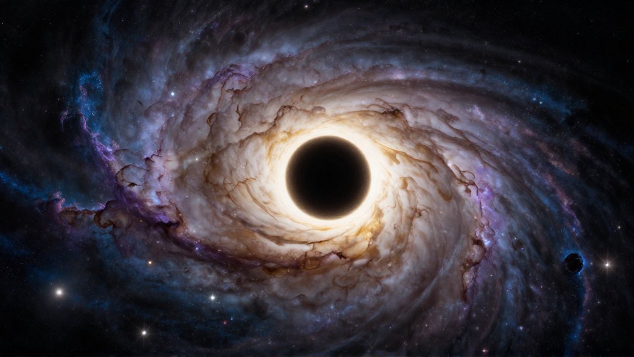 Agujero negro masivo con un disco de gas brillante rodeado de nubes cósmicas y estrellas.