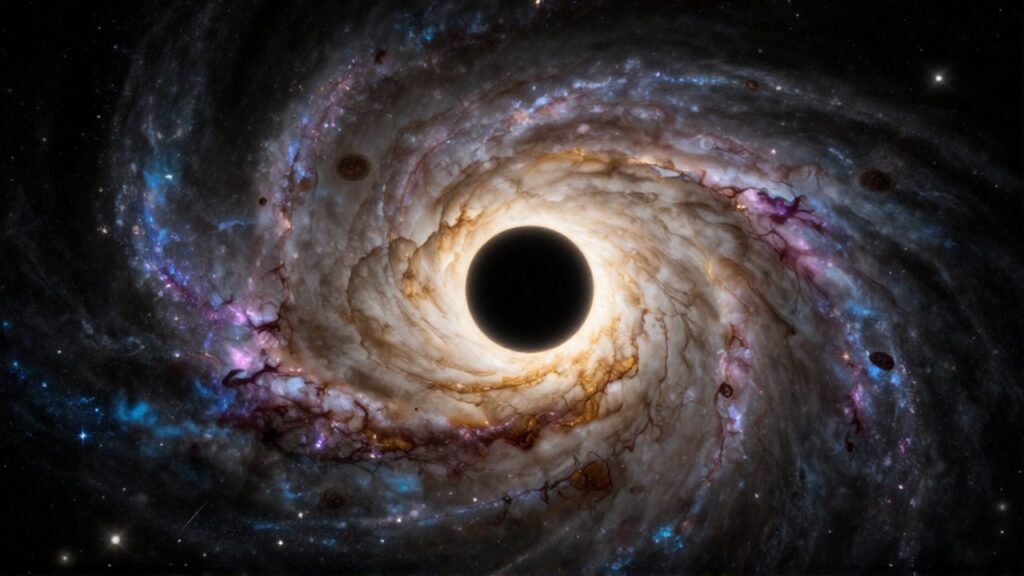 Un agujero negro supermasivo en el centro de una galaxia rodeado por un disco de gas brillante.