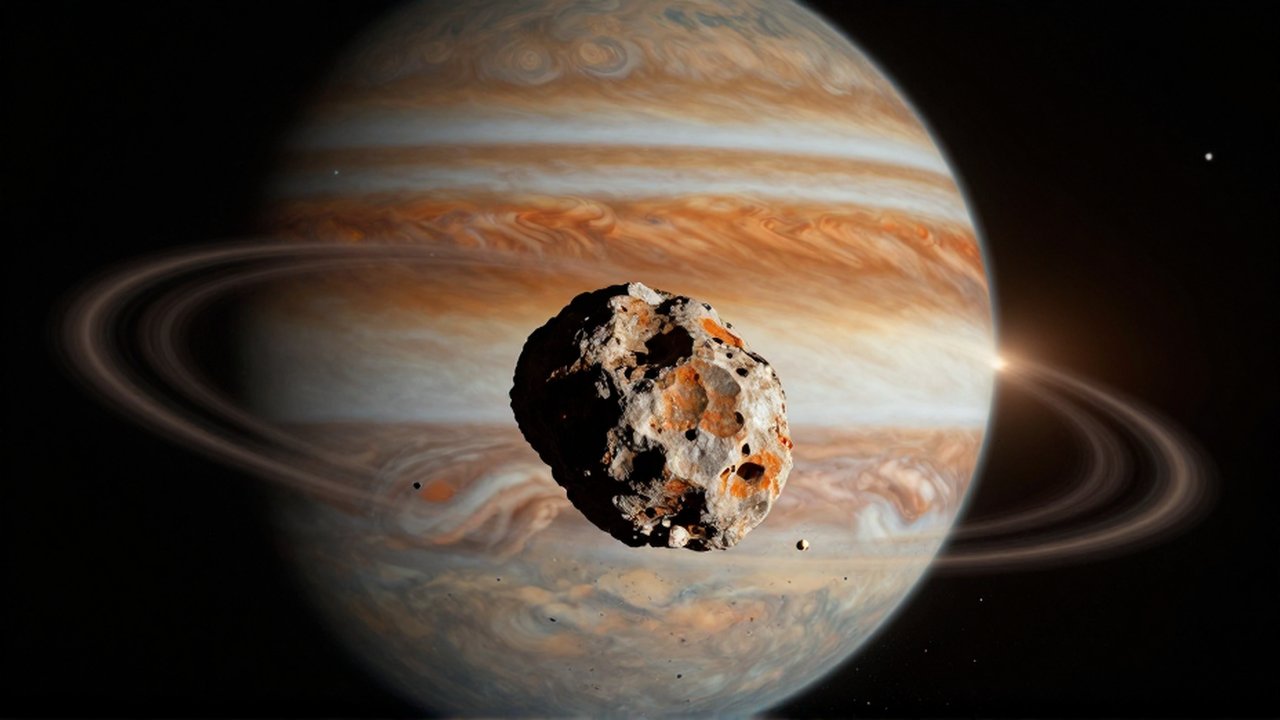 Un asteroide rocoso describe una trayectoria espiral hacia la inmensa atmósfera de un planeta gaseoso gigante.
