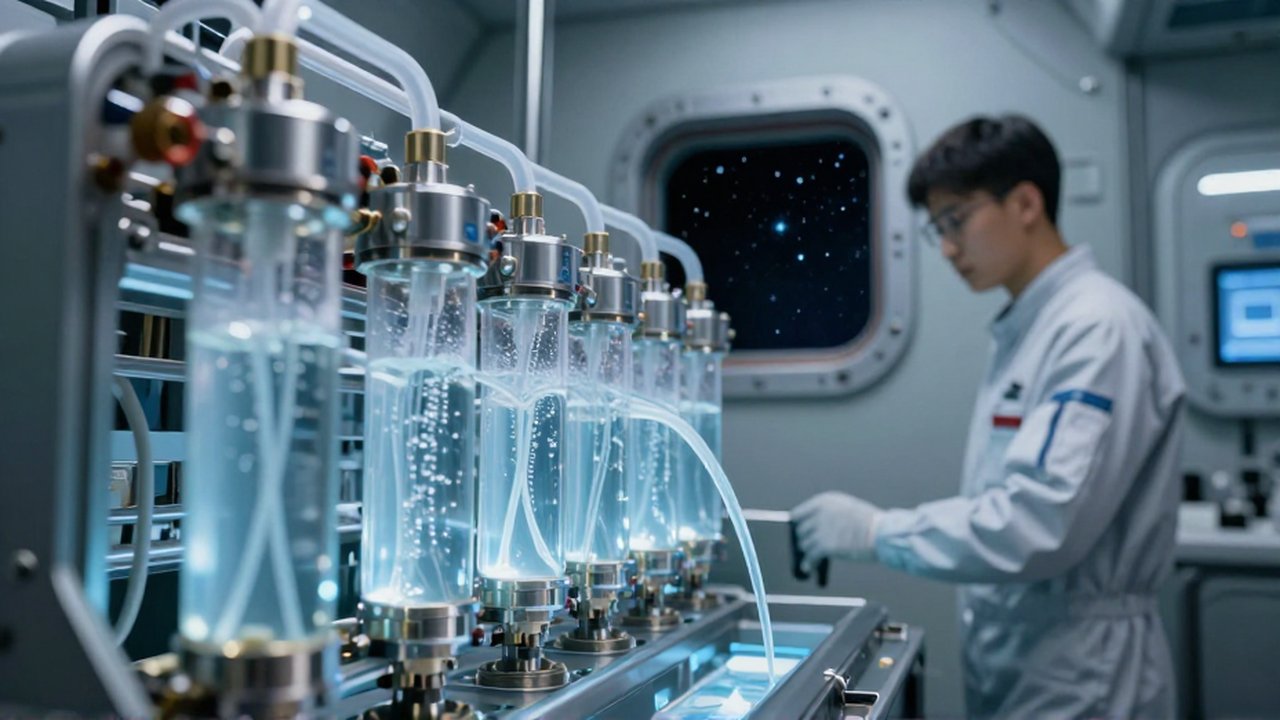 Técnico supervisa el flujo de líquidos en un complejo sistema de filtración dentro de una nave espacial.