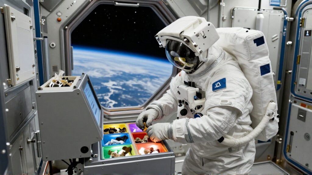 Astronauta clasificando residuos en un módulo de reciclaje tecnológico dentro de una estación espacial.