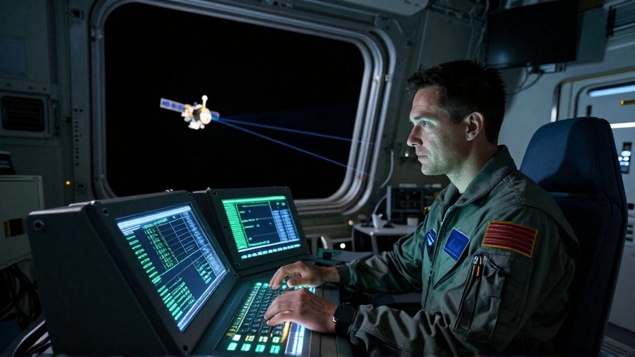 Ingeniero aeroespacial operando una terminal de comunicaciones en un módulo de control espacial frente al cosmos.