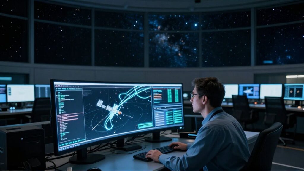 Ingeniero aeroespacial monitorea un mapa orbital digital en un centro de control con vista al espacio.