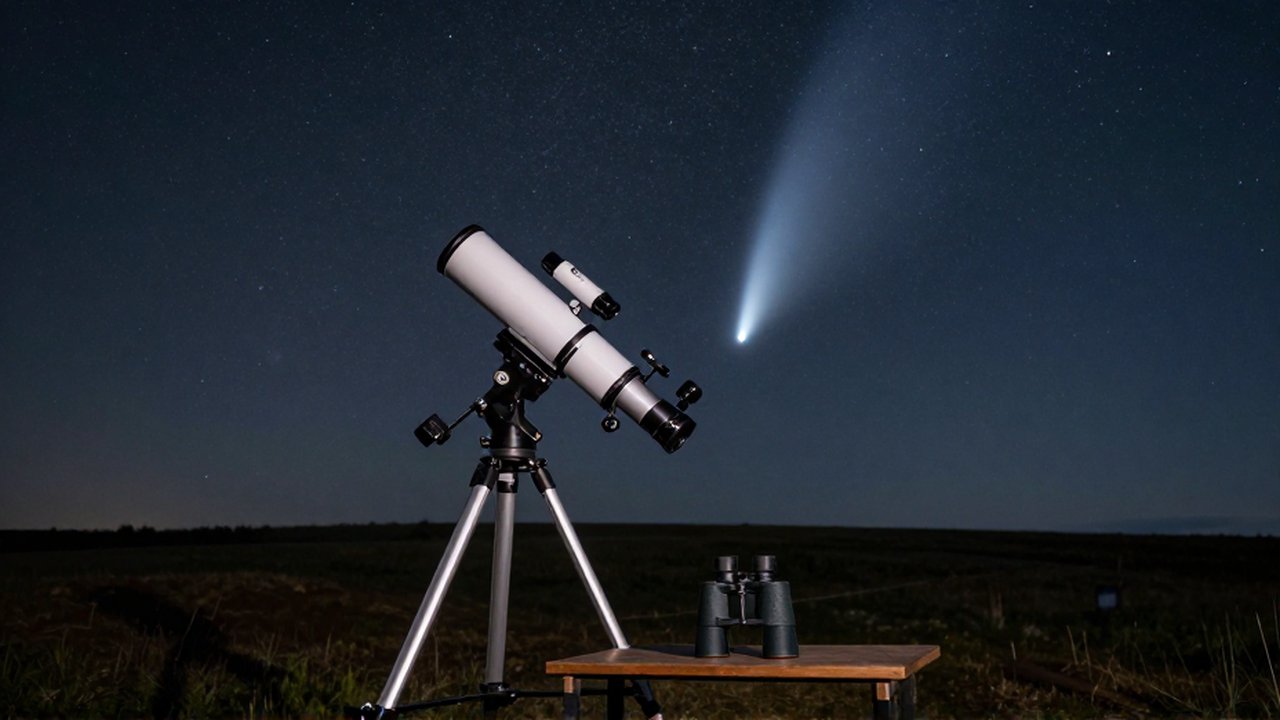 Telescopio y binoculares sobre una colina bajo un cielo nocturno con un cometa brillante.