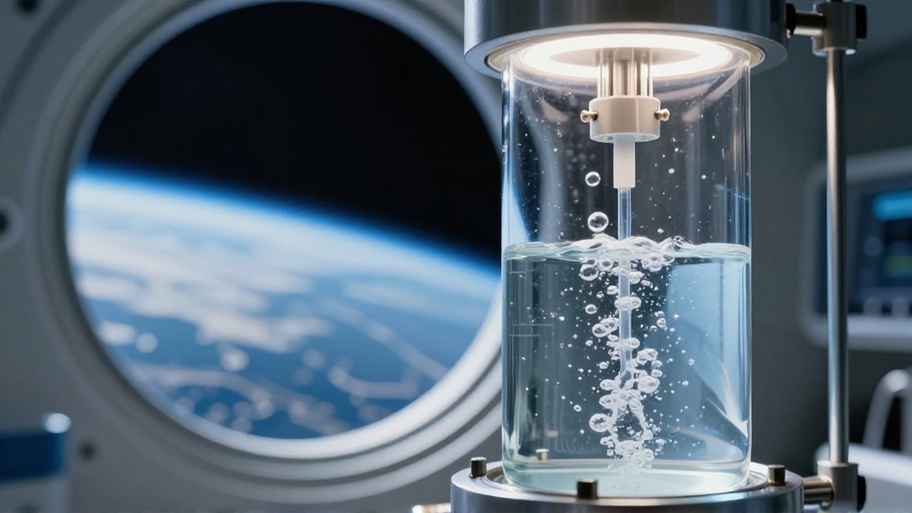 Primer plano de un dispositivo de electrólisis con burbujas de gas en un laboratorio espacial frente a la Tierra.