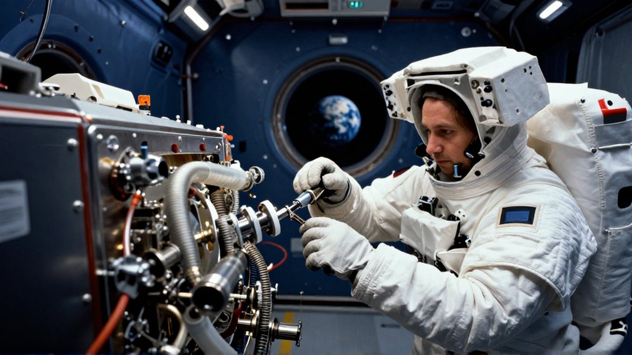 Astronauta con traje blanco reparando un complejo sistema de reciclaje de oxígeno en una estación espacial.