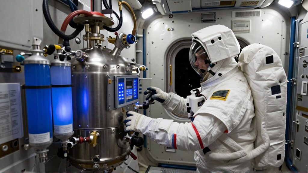 Astronauta operando válvulas de un reactor Sabatier y sistemas de soporte vital en una estación espacial.