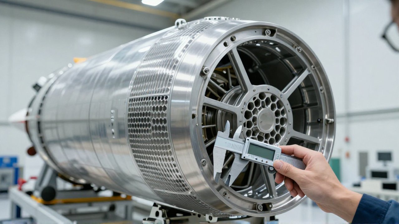 Ingeniero mide con un calibre digital la estructura de panal de un mamparo de titanio espacial.