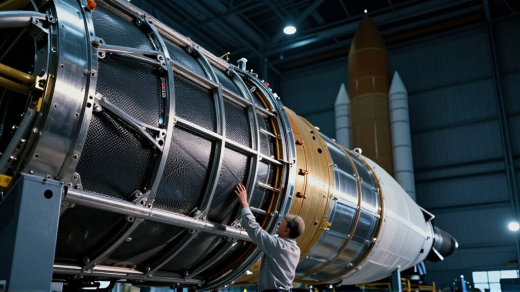 Ingeniero aeroespacial inspecciona la estructura interna de titanio y fibra de carbono de un cohete.