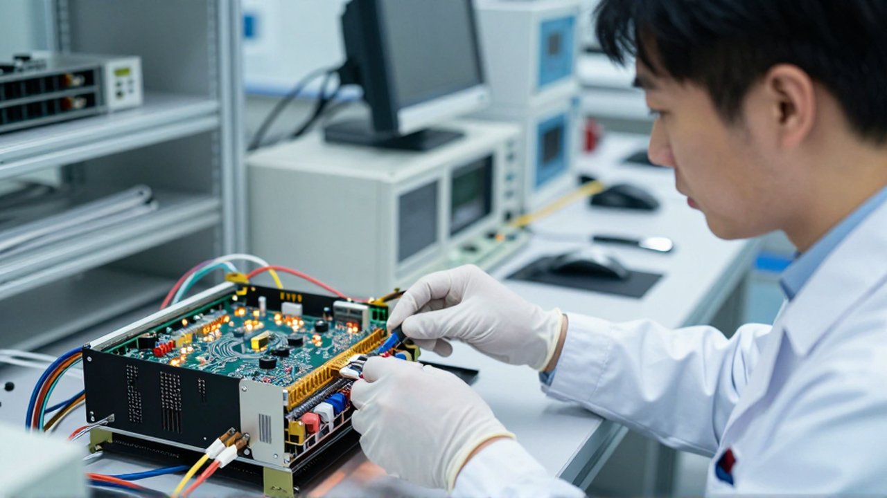 Ingeniero aeroespacial con guantes conecta cables de datos a una computadora de vuelo en un laboratorio técnico.
