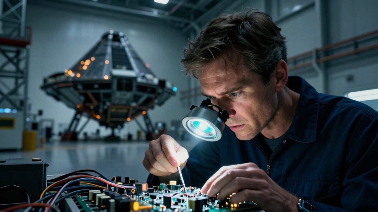 Ingeniero aeroespacial con expresión frustrada inspecciona un circuito defectuoso ante la silueta de una nave espacial.