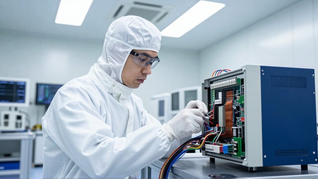 Ingeniero aeroespacial conecta cables de precisión a un módulo de aviónica en un laboratorio estéril.