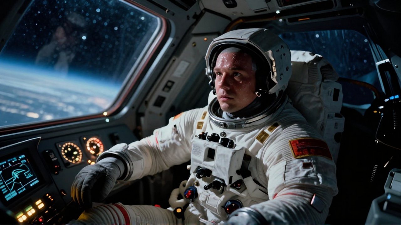 Astronauta con traje presurizado sometido a una fuerte aceleración dentro de la cabina de una nave espacial.
