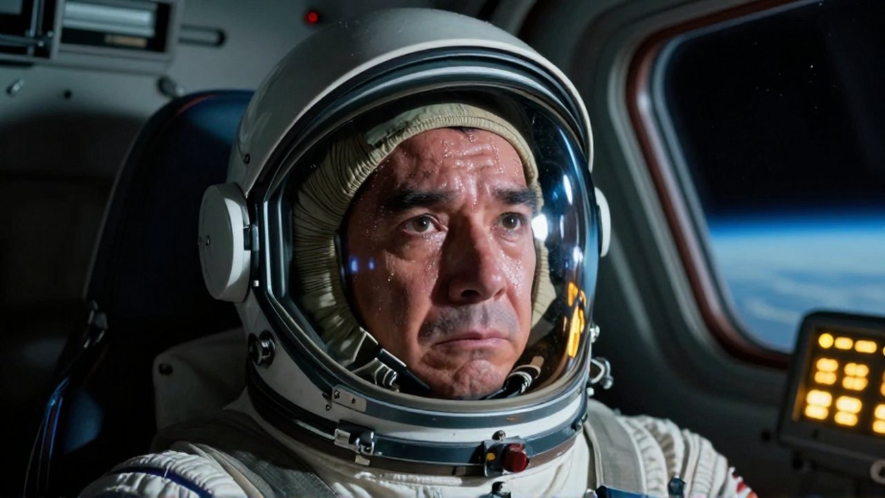 Astronauta con expresión de esfuerzo físico extremo dentro de una cabina espacial iluminada por luces de advertencia.