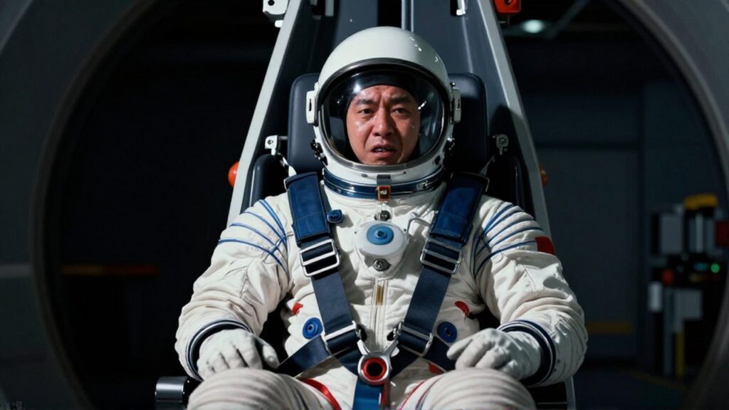 Astronauta con expresión de esfuerzo bajo fuerzas G durante un entrenamiento en una centrífuga.
